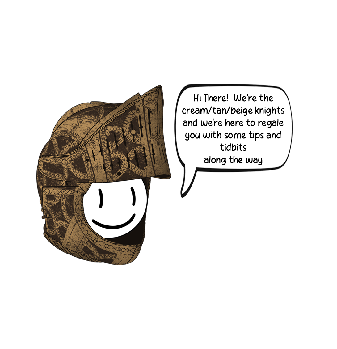 Cartoon knight helmet with a smiling face and speech bubble on a white background